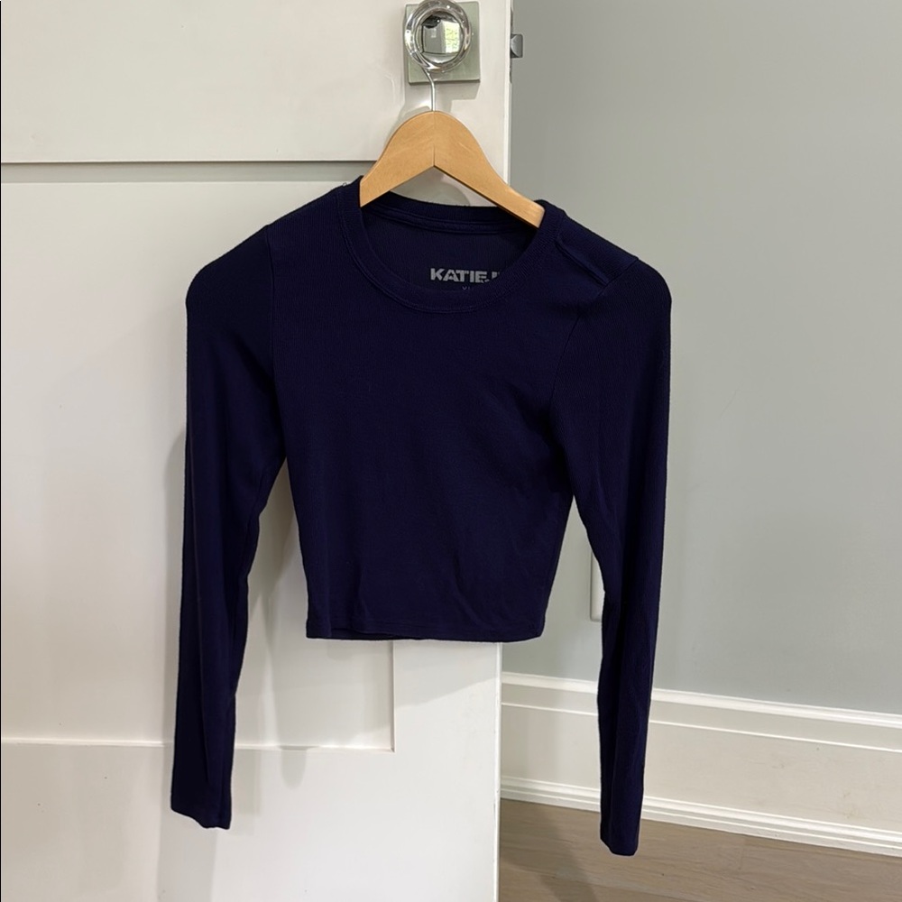 Katie J NYC Blue Fitted Crop Long Sleeve Top